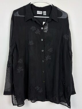 NWT Chico's Sheer Black Embroidered Button-Up Top 100% Silk Plus Size Witchy